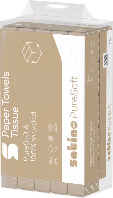 Satino puresoft Falthandtücher Z-Falz – 2-lagig, natur, Recyclingpapier – 206 × 240 mm – Karton 25 × 150 Blatt