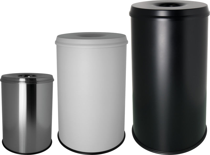 Helit Sicherheitspapierkorb – 30 l – Stahl, Schwarz – Löschkopf, Selbstlöschend, TÜV/GS – Ø 319 × H 503 mm