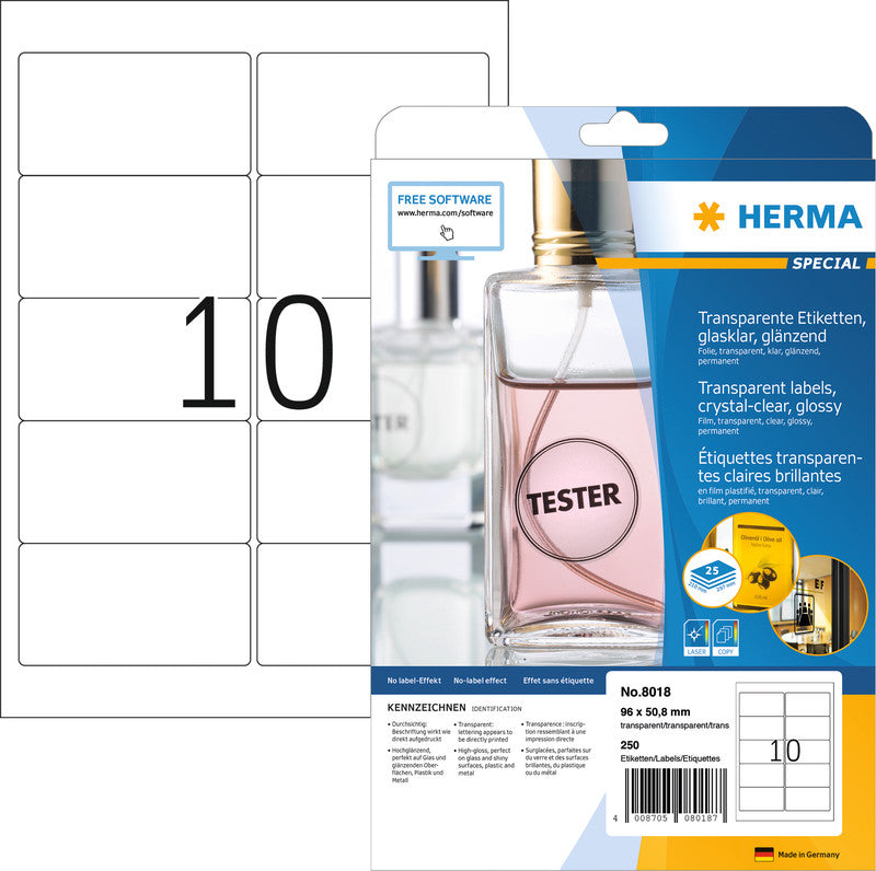 HERMA Etiketten auf Bögen, 96 mm × 51 mm, transparent, Folie, permanent, 25 Blatt (250 Etiketten)