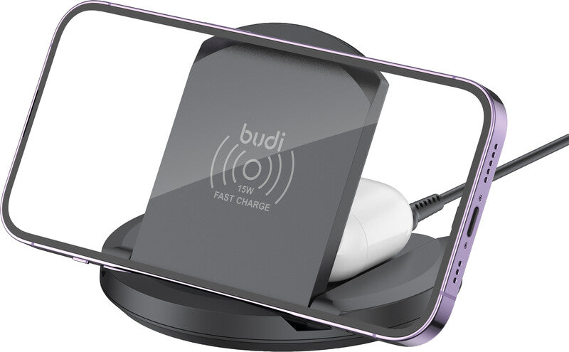 Budi Wireless Fast Charger 2-in-1 Ladeständer – 15 W/2,5 W – faltbar – für Smartphone und AirPods – Schwarz