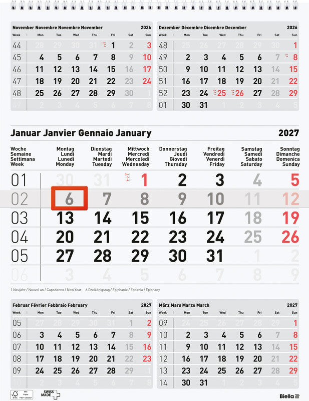 Biella 5-Monats-Kalender – 5 Monate pro Blatt – viersprachig D/F/I/GB – 2027 – Datumsschieber, Spiralbindung – 31