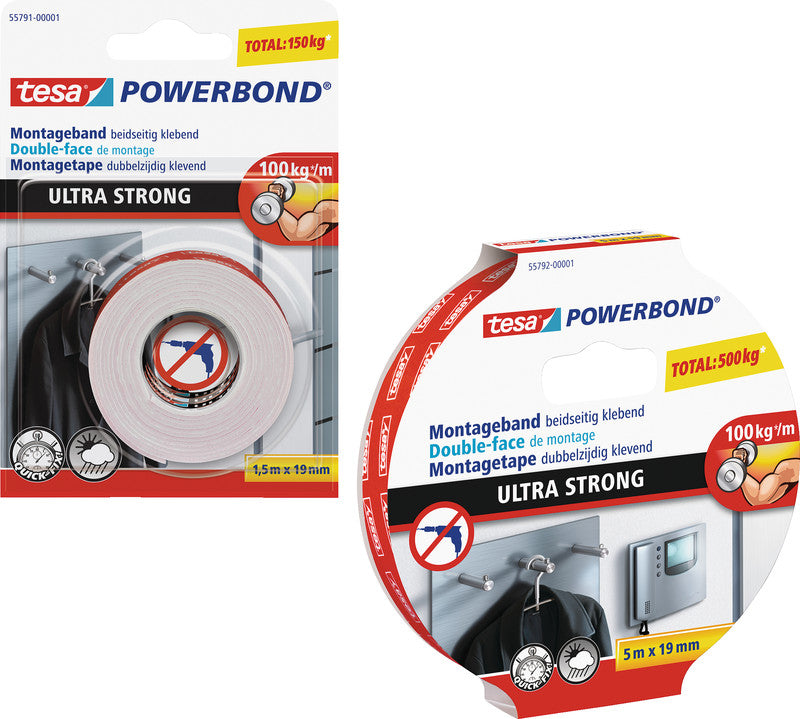 Tesa Ultra Strong Montageband, für Innen- & Aussen – 19 mm × 1,5 m, weiss, bis 10 kg/10 cm