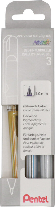 Pentel Hybrid Gel Grip DX Gelschreiber, Kappe – weiss/silber/gold, Spitze 1 mm, wasserfest, metallic, 3er-Set