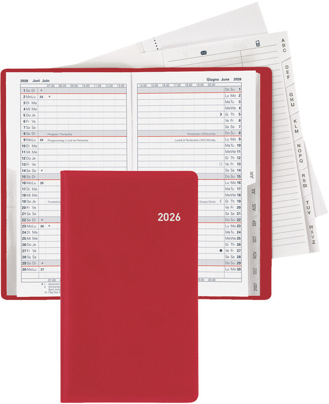 Biella Luzern Agenda – 1 Monat/2 Seiten, geheftet, 8,7 × 15,3 cm, 15 Monate Okt–Dez, 2026, Weinrot, PEFC