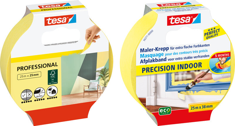 tesa Abdeckband Precision Indoor – 38 mm × 25 m, gelb, Papier, glatt, rückstandsfrei bis 150 Tagen