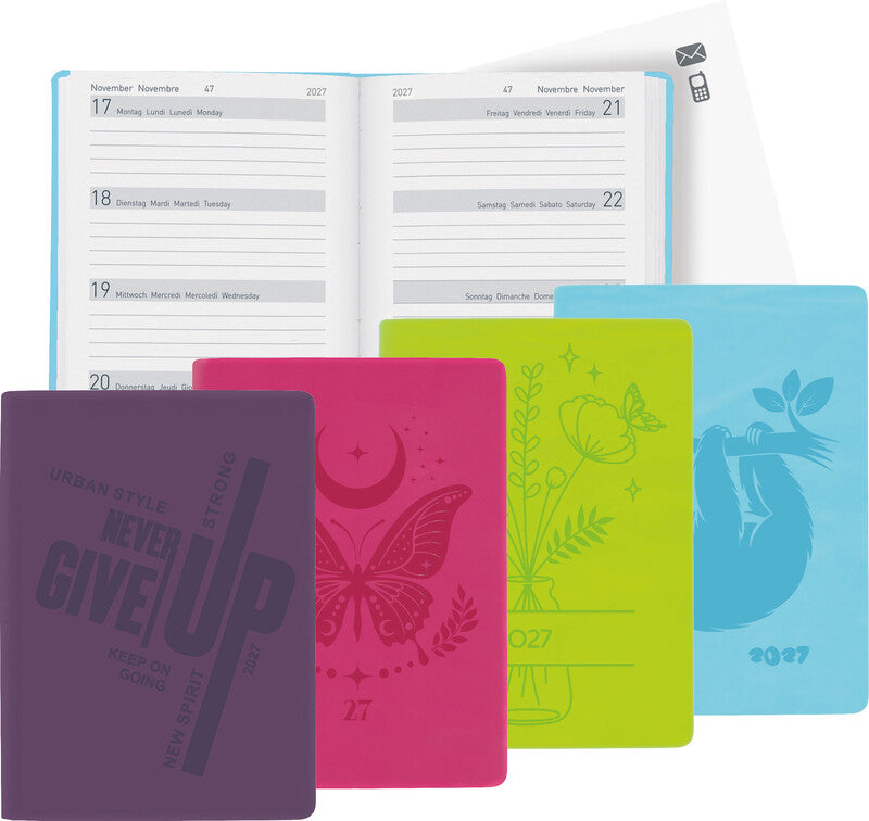 Biella Memento Ladytimer Agenda – 1 Woche/2 Seiten, gebunden, 10,1 × 14,2 cm, 2027, Hellblau, Faultier, FSC