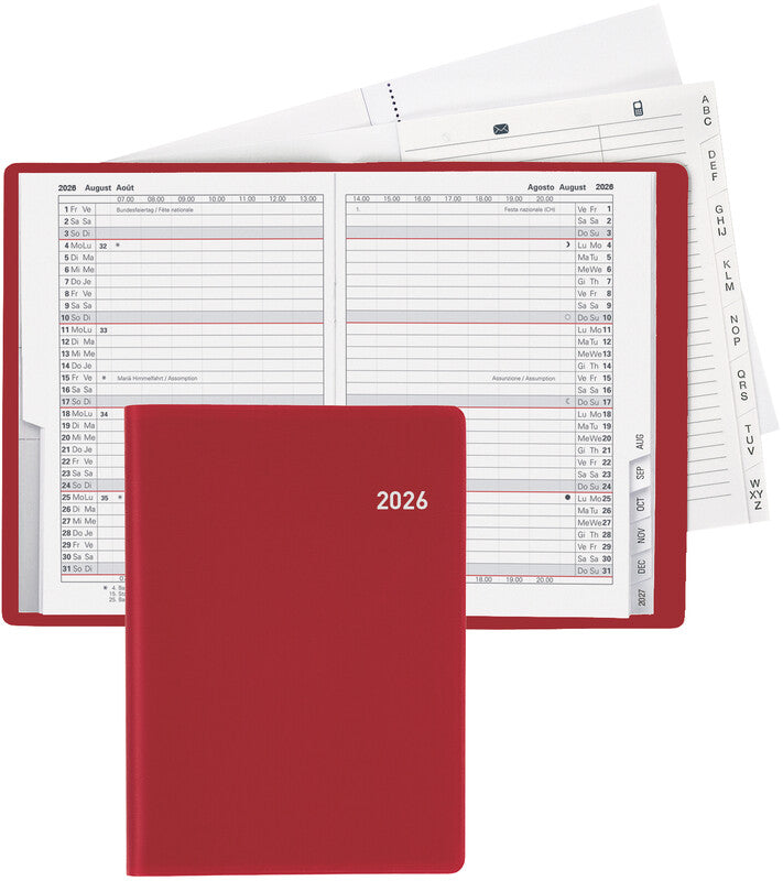 Biella Glasgow Agenda – 1 Monat/2 Seiten, geheftet, 10,0 × 13,9 cm, 15 Monate Okt–Dez, 2026, Weinrot, PEFC