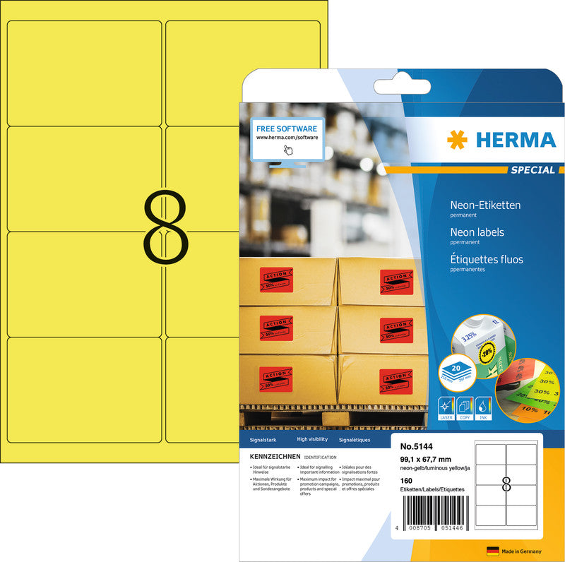 HERMA Schuletiketten – Motiv Neongelb – 99,1×67,7 mm, Abgerundete Ecken, 160 Stück, 20 Bogen