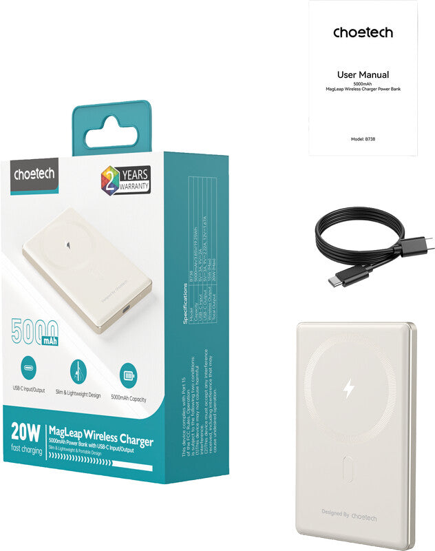 Choetech MagSafe Powerbank 5'000 mAh – 20 W PD, Wireless 15 W, 1× USB-C, Weiss