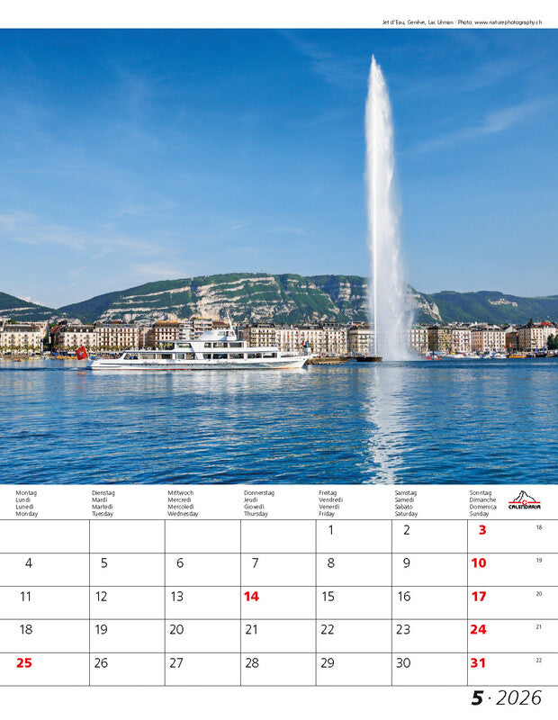 Calendaria Bildkalender Berge und Täler der Schweiz 2026 – 30 × 40 cm – mit Tagesfeldern, mit Aufhänger