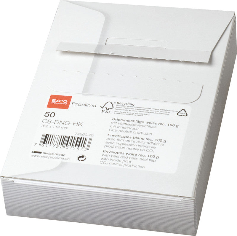 Elco Couvert C6, ohne Fenster, selbstklebend, weiss, 100 g/m², mit Innendruck – 50 Stk.