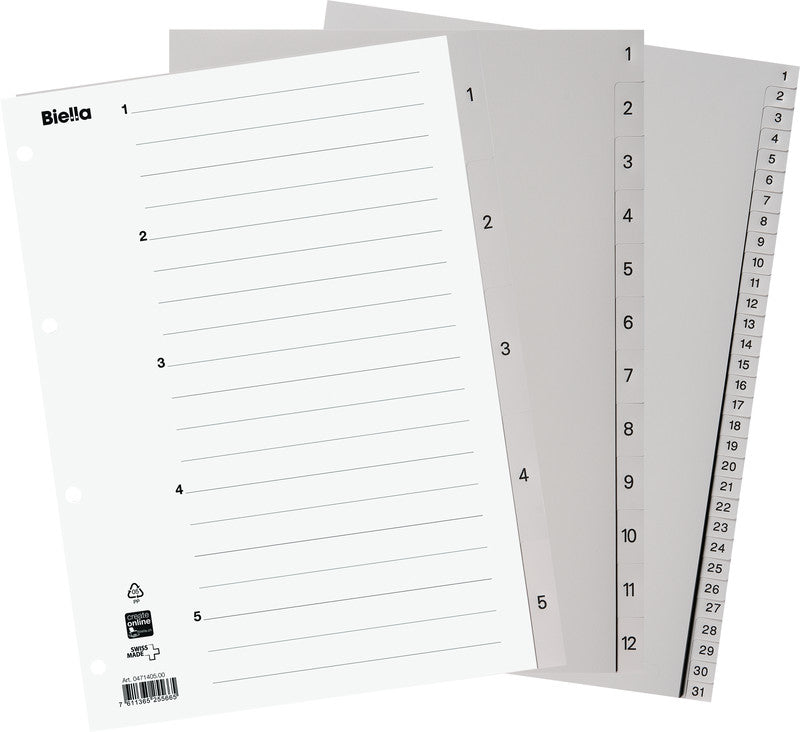 Biella Register – A4, 5-teilig, Kunststoff, grau, vorgedruckt, mit Indexblatt, 11-fach Lochung