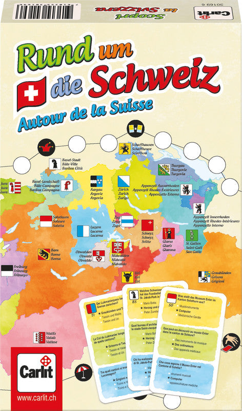 Carlit Brettspiel Rund um die Schweiz – 2–4 Spieler, ab 7 J., d/f/i, 115 × 38 × 182 mm, Karton, mehrfarbig