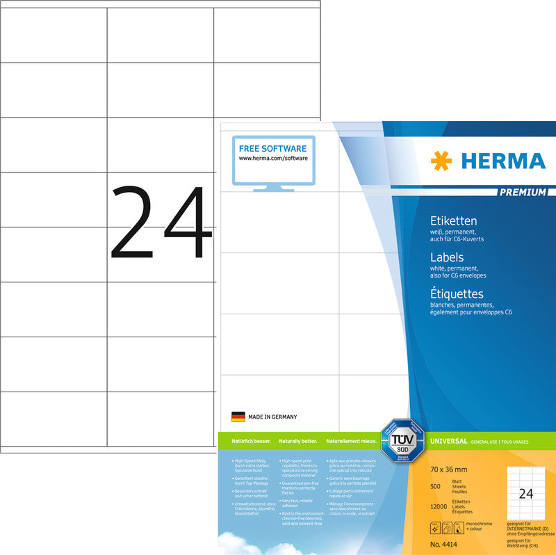 HERMA Etiketten auf Bogen, 70 mm × 36 mm, weiss, Papier, permanent, 500 Blatt