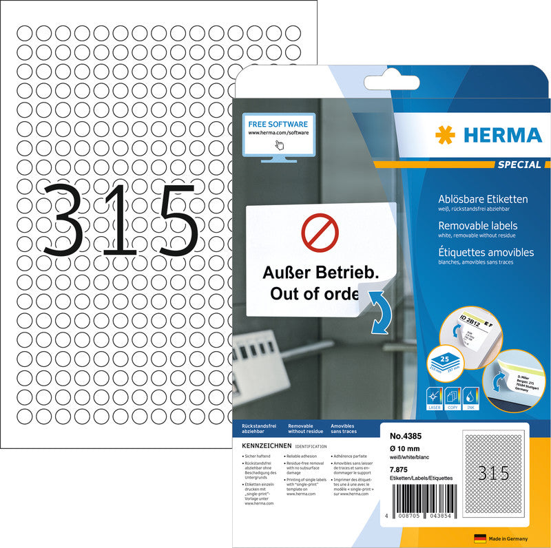 HERMA Druckeretiketten, Ø 10 mm, weiss, Papier, ablösbar, 25 Blatt