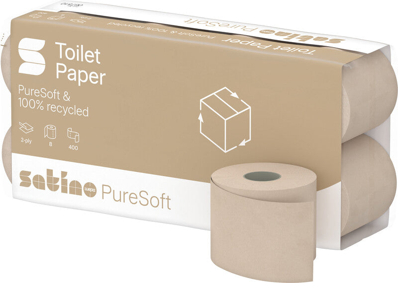 Satino puresoft Toilettenpapier – 2-lagig, Recycling, Blattgrösse 94 × 110 mm, 400 Blatt/Rolle – 8 Rollen
