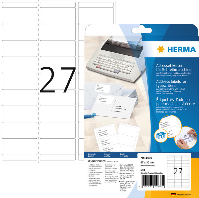 HERMA Adressetiketten, korrigierbar – für Schreibmaschinen bis 4 Durchschläge – 480er-Pack