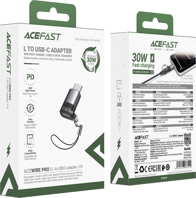 Acefast USB-C Adapter – 30 W (9 V, 3 A), USB 2.0, Aluminium, Metallgrau