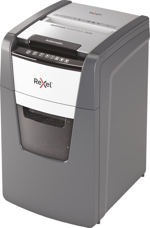 Rexel Optimum AutoFeed+ 150M – Aktenvernichter mit Autofeed 150 Blatt, DIN P-5, Mikroschnitt 2 × 15 mm, 44 l