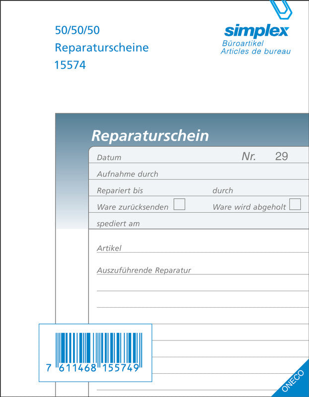 Simplex Formularblock – Reparaturscheine, Deutsch, 50 Blatt, A6