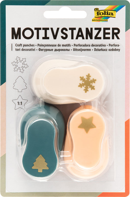 Folia Motivstanzer, Weihnachtsmotive, Ø 15 mm, grün, rot, gelb, 3er Set