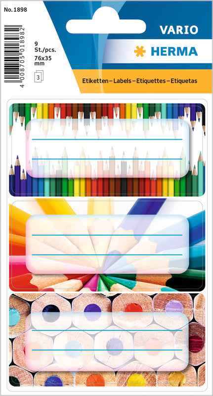 HERMA Vario Schuletiketten – Sortierte Motivdesigns – 35×76 mm, Abgerundete Ecken, 9 Stück, 3 Bögen