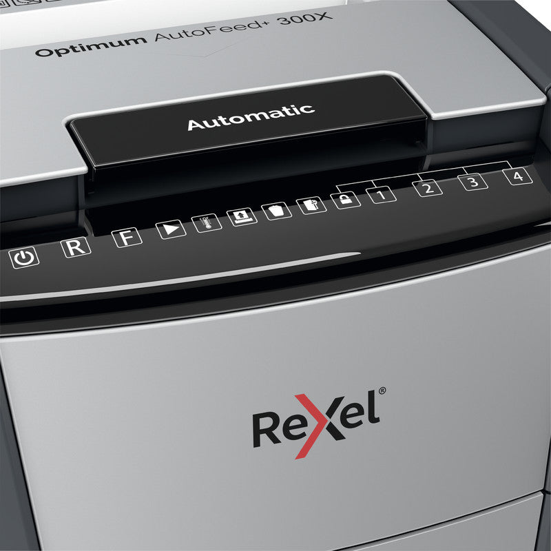 Rexel Optimum AutoFeed+ – Aktenvernichter mit Autofeed 300 Blatt, DIN P-4, Partikelschnitt 4 × 25 mm, 60 l