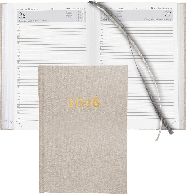 Biella Executive Agenda – 1 Tag pro Seite, gebunden, 14,5 × 20,5 cm, 2026, 1/2-Stunden-Takt, beige, FSC
