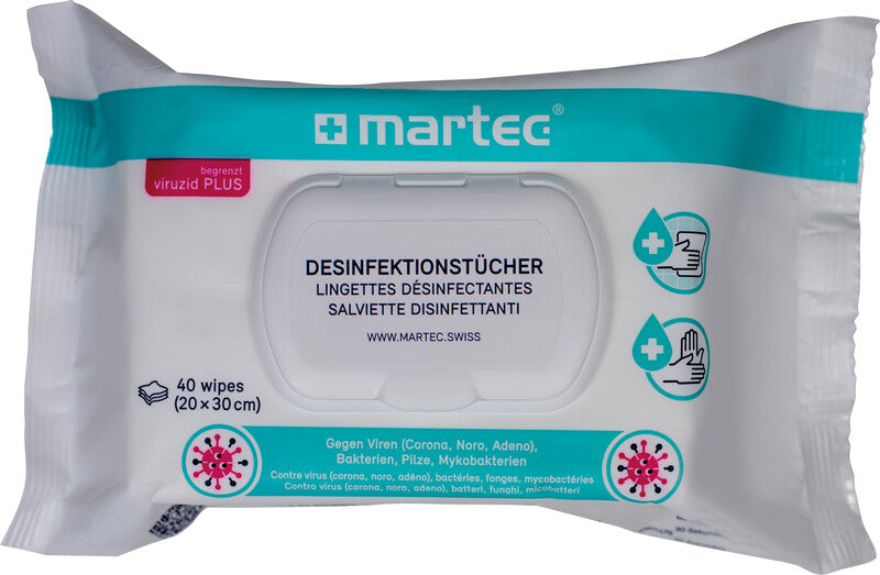 MARTEC Desinfektions-Reinigungstücher, feucht – für abwaschbare Oberflächen und Hände, weiss, 19 × 14 cm, 10 Stk