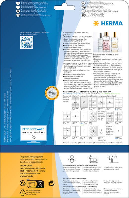 HERMA Drucketiketten, 64 mm × 38 mm, transparent, Folie, permanent, 25 Blatt (525 Etiketten)