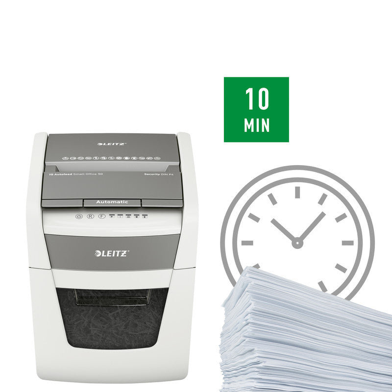 Leitz IQ Autofeed 50 – Aktenvernichter mit Autofeed 50 Blatt, DIN P-4, Partikelschnitt 4 × 28 mm, 6 Blatt, 20