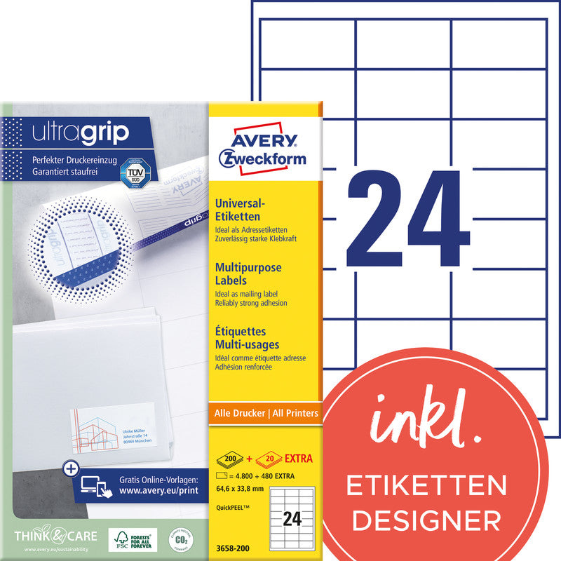 Avery Etiketten, 65 mm × 34 mm, weiss, Papier, permanent, 220 Blatt, 5280 Etiketten