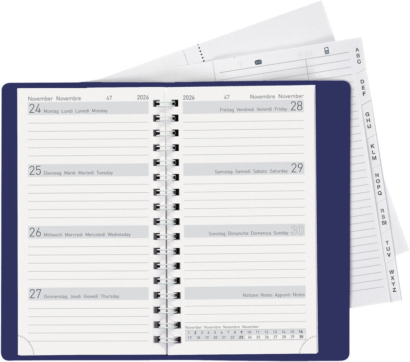 Biella Brüssel Agenda – 1 Woche/2 Seiten, Spiralbindung, 8,5 × 15,3 cm, 2026, Dunkelblau, FSC