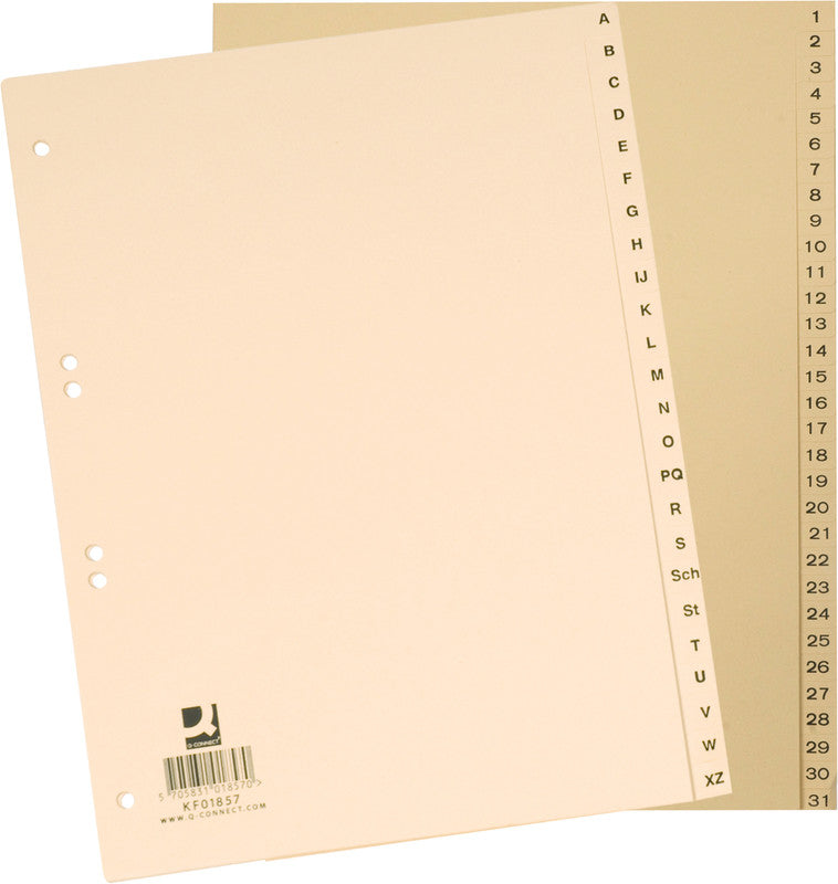 Q-connect Register – A4, 31-teilig, Papier, braun, vorgedruckt, 4-fach gelocht