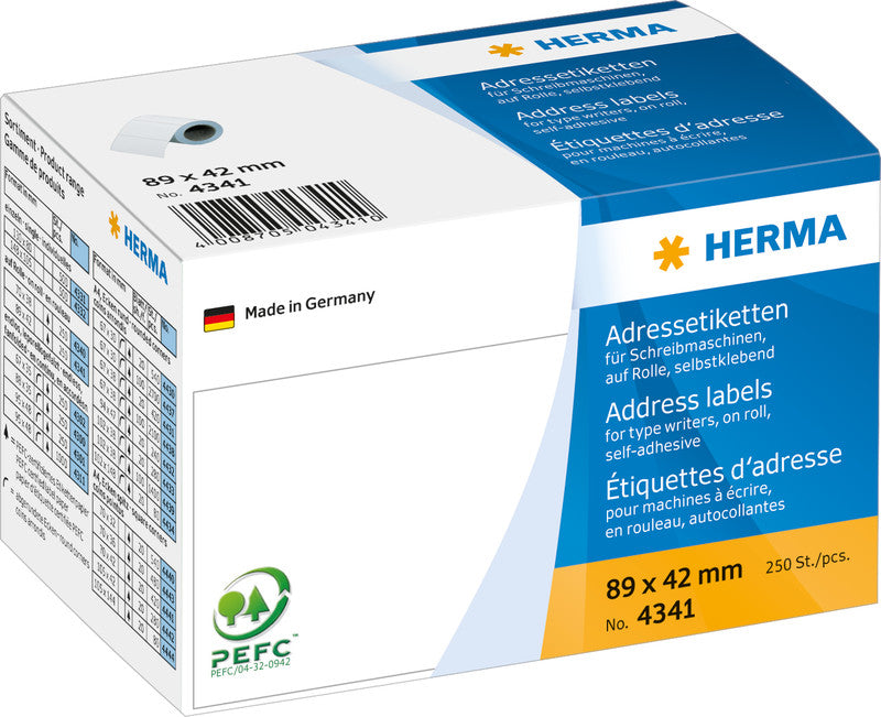 HERMA Adressetiketten auf Rolle, 89 mm × 42 mm, Weiss, Papier, Permanent, 250 Etiketten