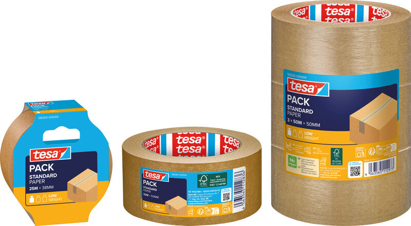 TESA Verpackungsband ecoLogo Standard – permanent, glatt, Papier, 50 mm × 50 m, braun, Kern Ø 76 mm, 3 Rollen