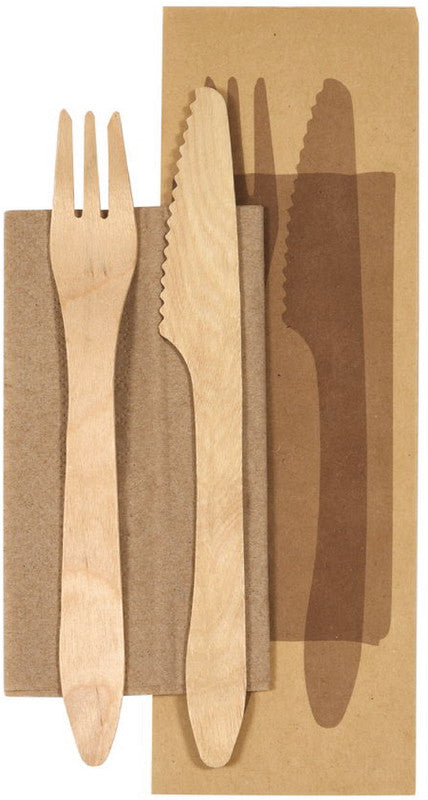 Duni BioPak Besteck-Set Holz (Birke) – Messer 19 cm, Gabel 19 cm, Braun, 400 Stück