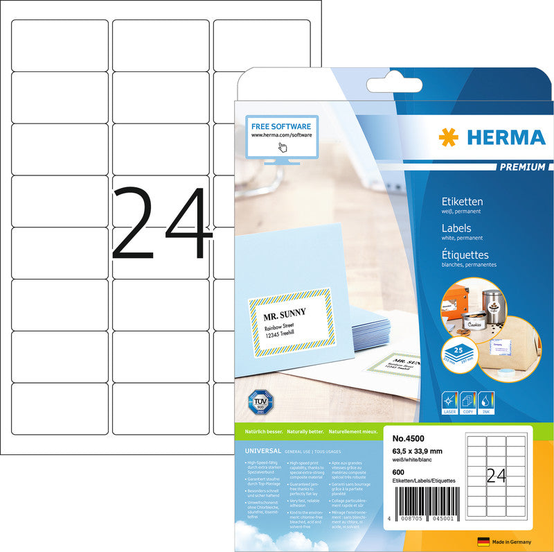 HERMA Adressetiketten, 64 mm × 34 mm, weiss, Papier, permanent, 25 Blätter (600 Etiketten)