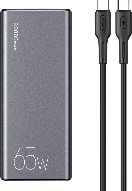 Usams Powerbank 30000 mAh, PD 65 W, 2× USB-A, 1× USB-C, für Smartphones, Tablets, Notebooks, Grau