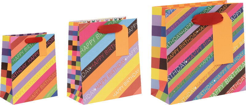 Glick Geschenktasche 'Happy Birthday' – 14 × 6 × 14 cm, Papier, mit Satinband, mehrfarbig