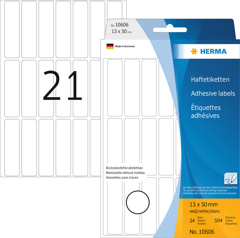 HERMA Schuletiketten – 13 × 50 mm, Abgerundete Ecken, 504 Stk, 24 Bogen, Papier, Ablösbar