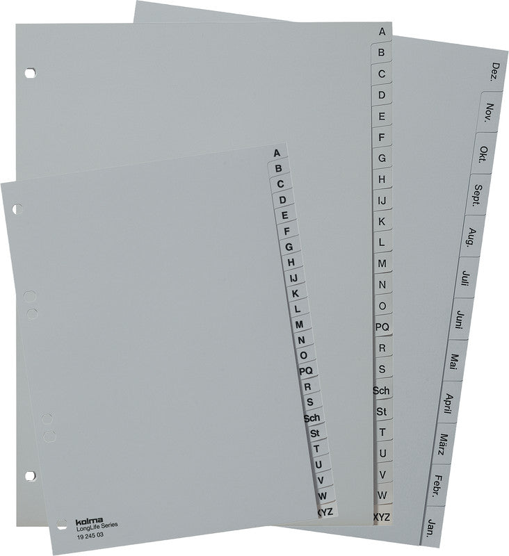 Kolma LongLife Register – A4, 12-teilig, PVC, grau, vorgedruckt, Monatsbeschriftung, 4-fach Lochung