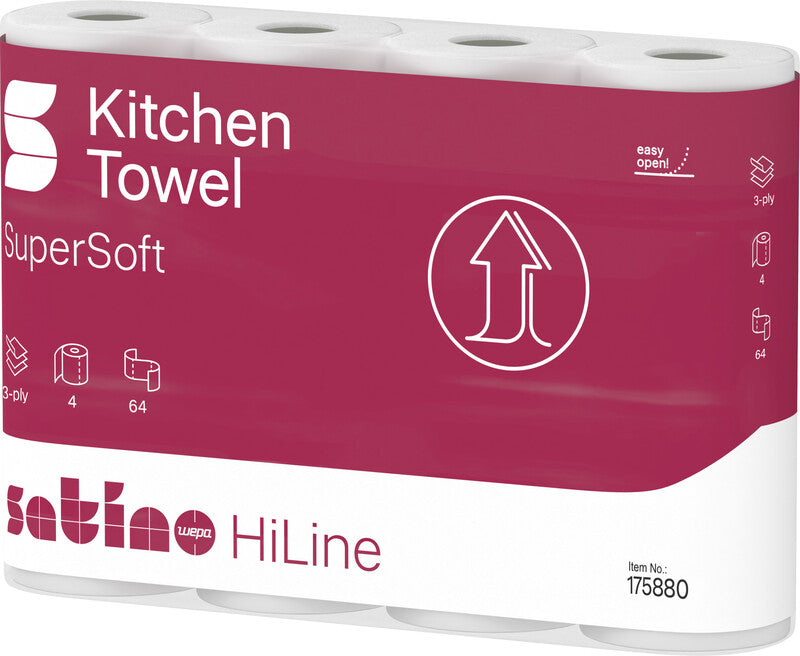 Satino hiline Haushaltspapier – 3-lagig, Weiss, Papier – 260 × 220 mm – Rolle 64 Blatt – Pack 4 Rollen
