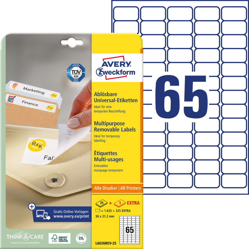 Avery Zweckform – Universal-Etiketten, 38 mm × 21 mm, weiss, Papier, wiederablösbar, 30 Blatt