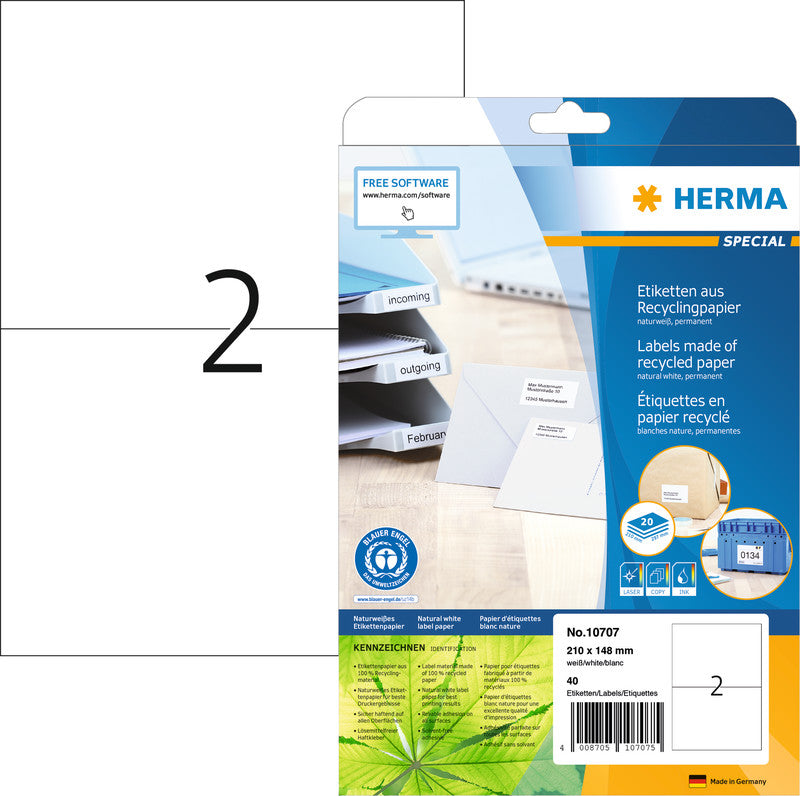HERMA Etiketten, 210 mm × 148 mm, naturweiss, Altpapier, permanent, 20 Blatt (40 Etiketten)