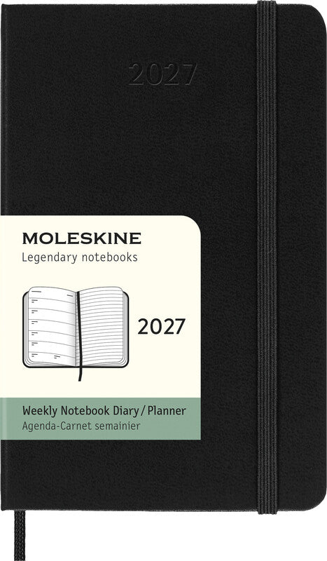 Moleskine Wochenagenda – 1 Woche/1 Seite, gebunden, 9 × 14 cm, Jan–Dez 2027, Englisch, Schwarz, FSC