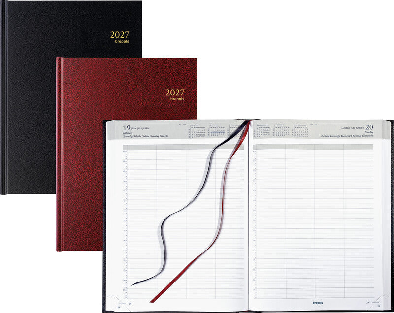 Brepols Bremax 1 Agenda – 1 Tag/Seite, gebunden, 21 × 29 cm, 2027, 1/4-Stunden-Takt, Bordeaux, FSC
