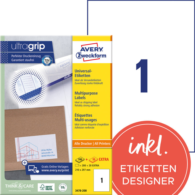 Avery Etiketten (Bogen), 210 mm × 297 mm, weiss, Papier, permanent, 220 Etiketten