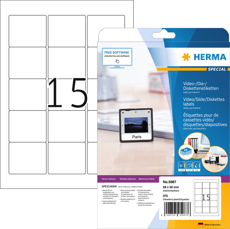 HERMA Drucketiketten, 59 mm × 50 mm, weiss, Papier, permanent, 25 Blatt (375 Etiketten)