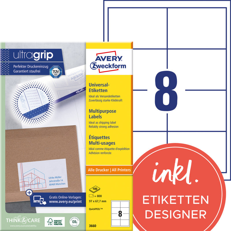 Avery Druckeretiketten, 97 mm × 68 mm, weiss, Papier, selbstklebend, 800 Etiketten (100 Blatt)